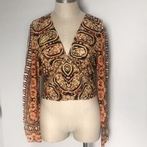 Free People tribal print deep v long sleeve top S